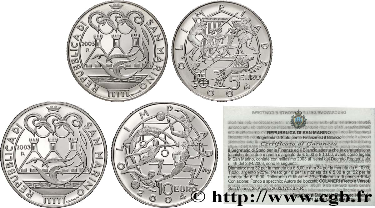SAN MARINO Lot 10 Euro ET 5 Euro JEUX OLYMPIQUES D’ATHÈNES 2004  2003 Proof set