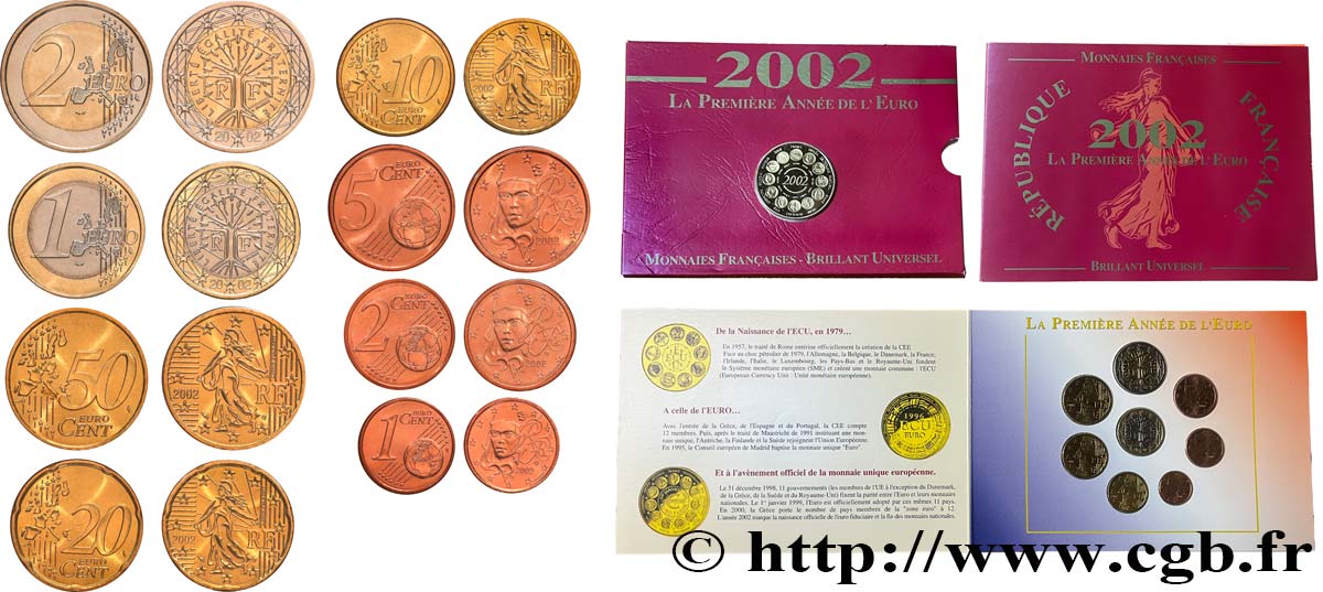 FRANCE LOT DE 8 PIÈCES EURO (1 Cent - 2 Euro Abre) + médaille 2002 Brilliant Uncirculated