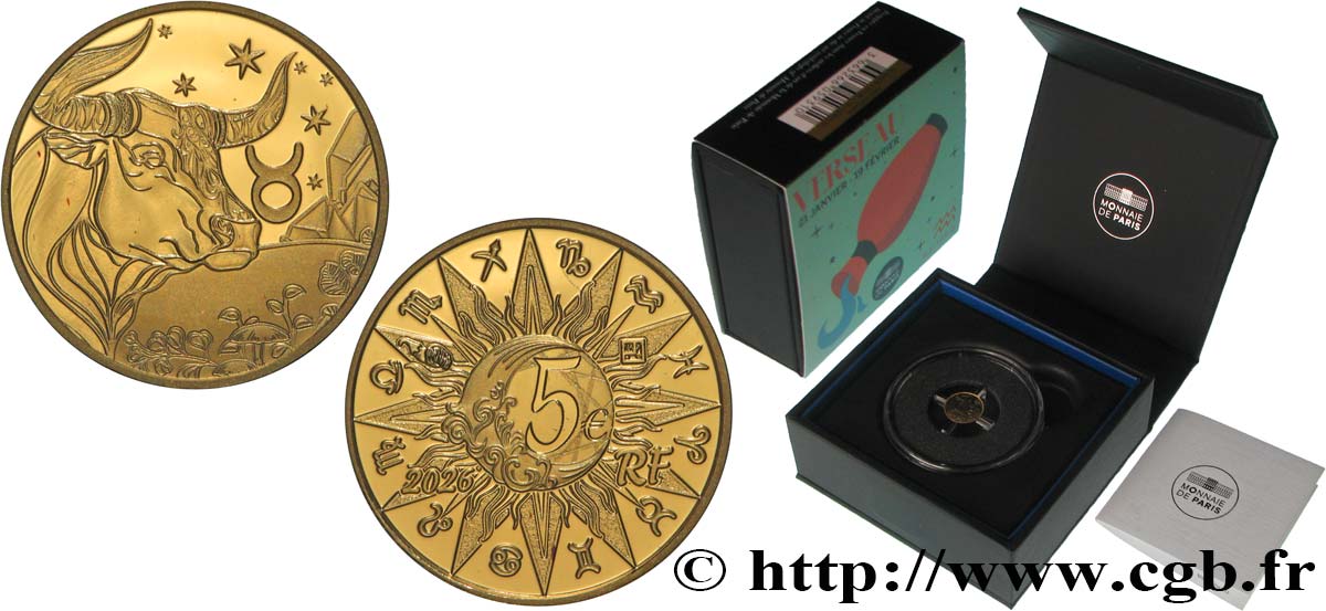 FRANCE BELLE EPREUVE 5 Euro (or) ASTROLOGIE - TAUREAU 2026 BE