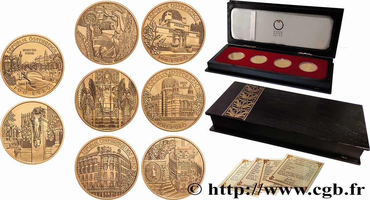 AUSTRIA BELLE EPREUVE Coffret 4 x 100 Euro ART NOUVEAU A VIENNE 2004-2007 Proof set