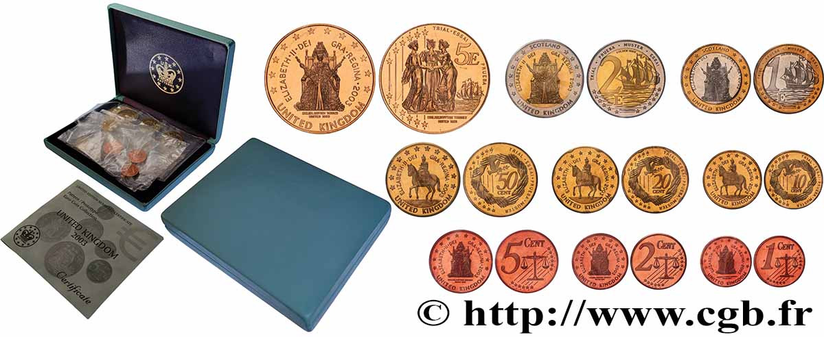 VEREINIGTEN KÖNIGREICH Coffret 9 médailles, Essai Euros fantaisies 2003