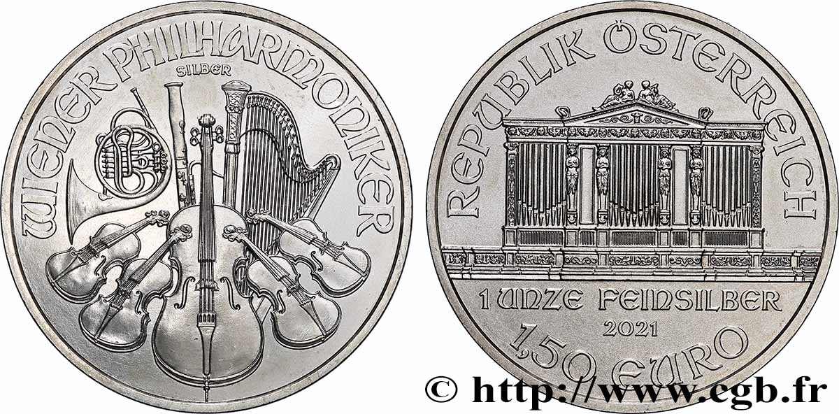 ARGENT D&nbsp;INVESTISSEMENT 1 Oz - 1,50 Euro PHILARMONIQUE DE VIENNE 2021 FDC