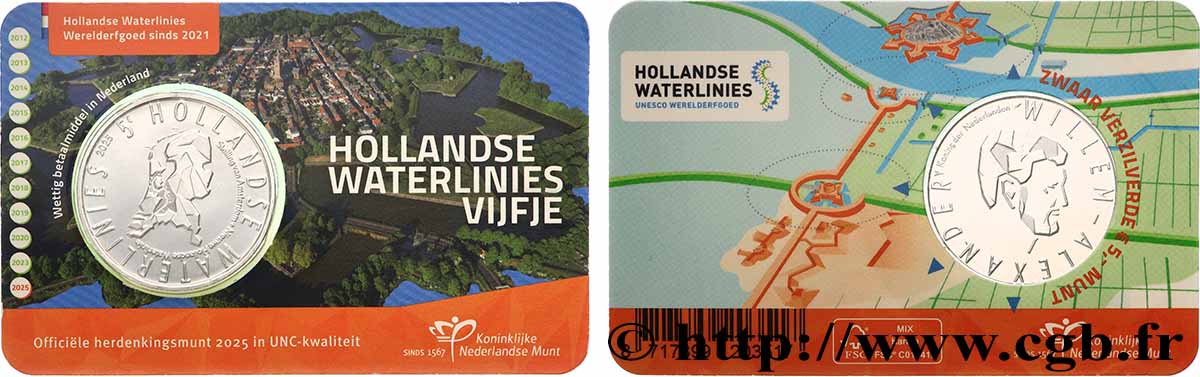 PAíSES BAJOS COIN-CARD 5 Euro LIGNE DE DÉFENSE DES EAUX 2025 FDC