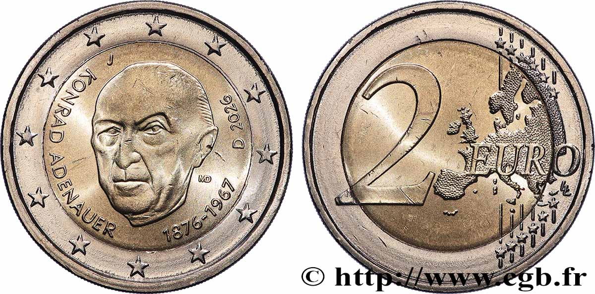 ALLEMAGNE 2 Euro 150 ANS DE KONRAD ADENAUER - Hambourg - J 2026 SPL