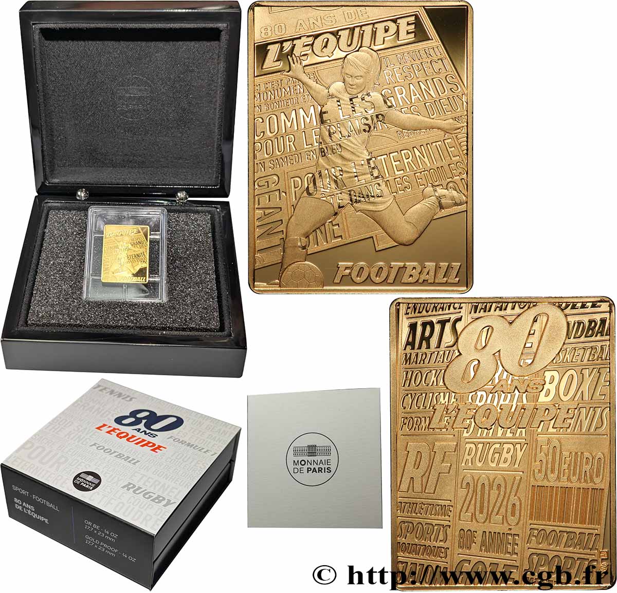 FRANCE BELLE EPREUVE 50 Euro (1/4 Oz) 80 ANS DE L’ÉQUIPE - FOOTBALL 2026 BE