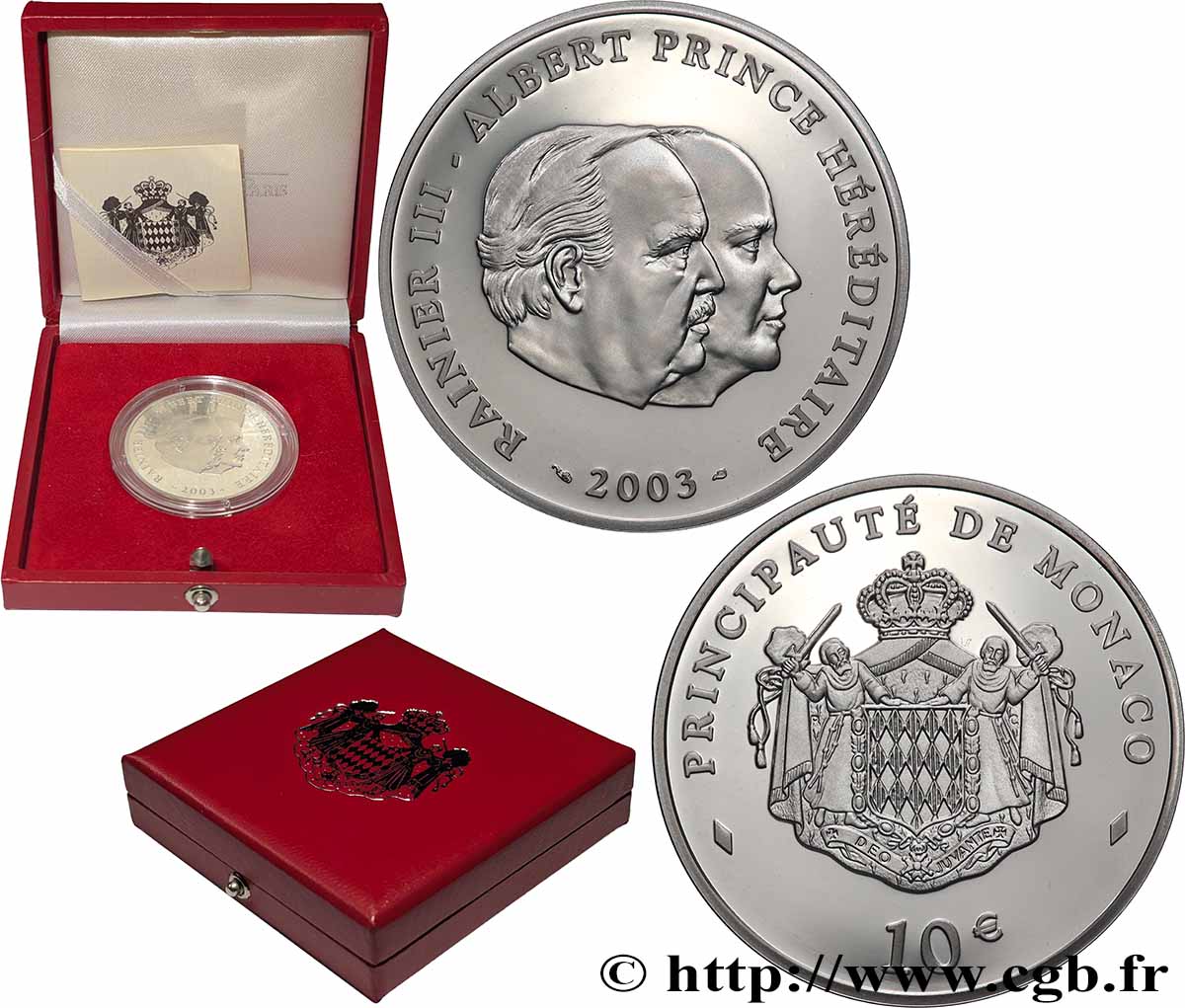 MONACO Belle Épreuve 10 Euro RAINIER III - ALBERT PRINCE HÉRÉDITAIRE 2003 BE