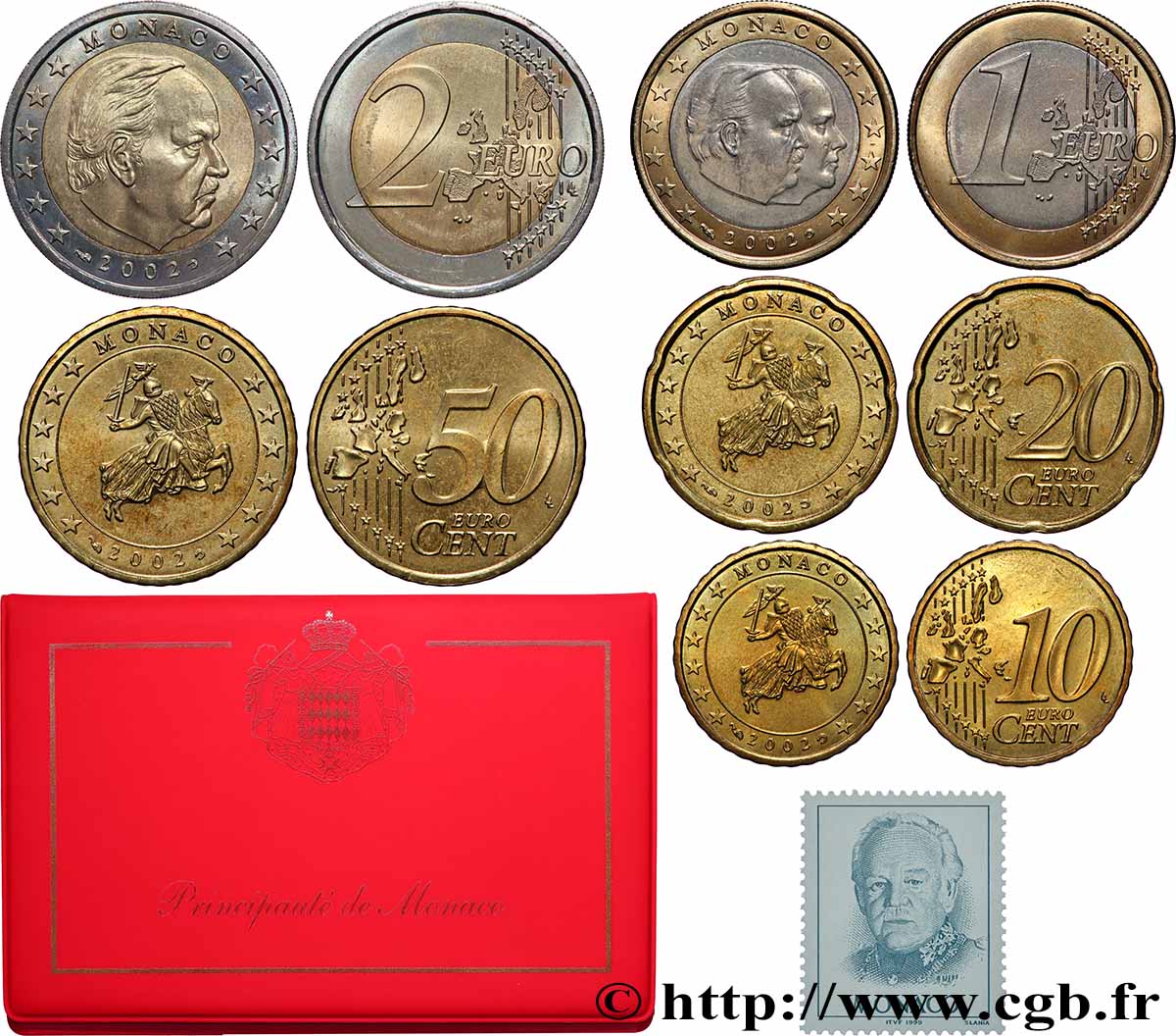 MONACO SÉRIE DE 5 PIÈCES EURO (10 Cent à 2 Euro Prince Rainier III) 2002 MS