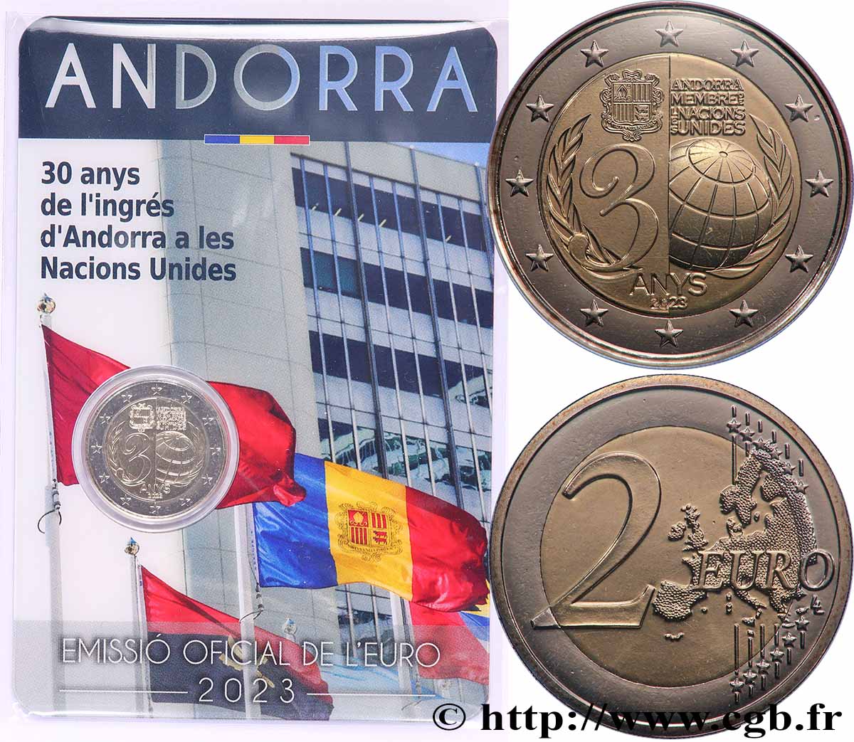 ANDORRA Coin-card 2 Euro 30 ANS DE L’ENTRÉE A L’ONU 2023 Brilliant Uncirculated