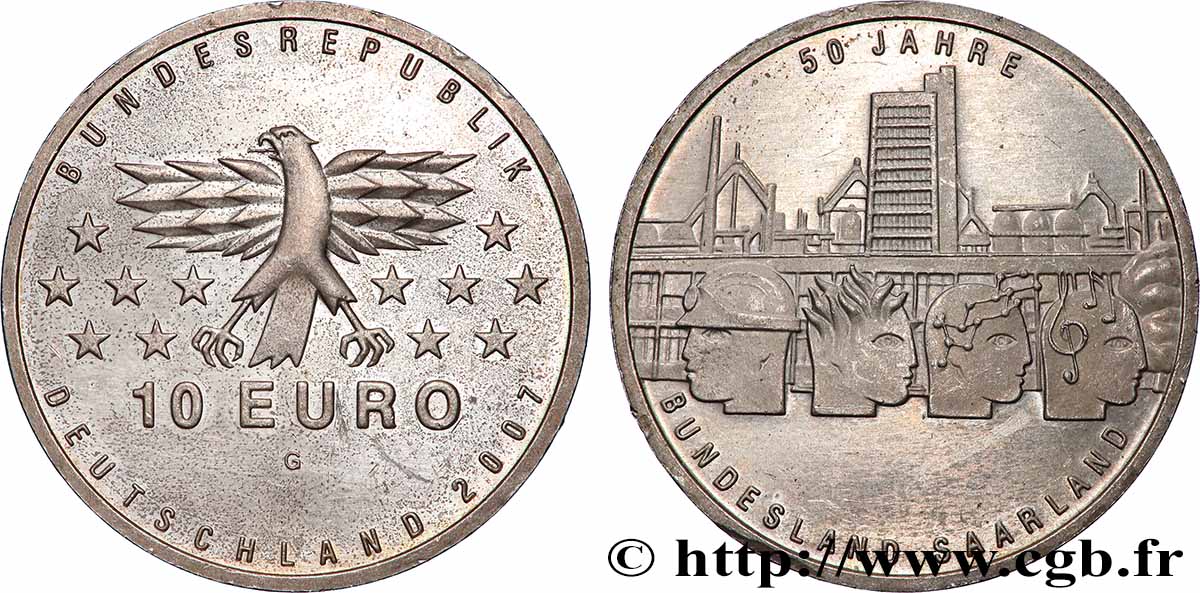 ALLEMAGNE 10 Euro 50e ANNIVERSAIRE DU RATTACHEMENT DE LA SARRE À L&nbsp;ALLEMAGNE  2007 SUP