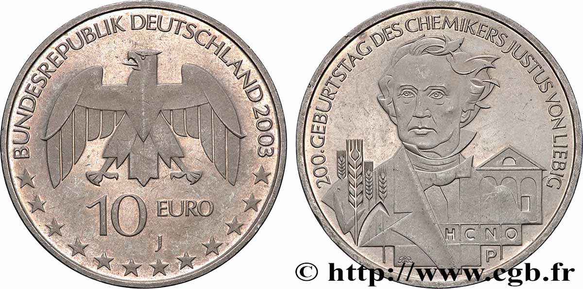 ALLEMAGNE 10 Euro BICENTENAIRE DU CHIMISTE JUSTUS VON LIEBIG tranche B 2003 SPL