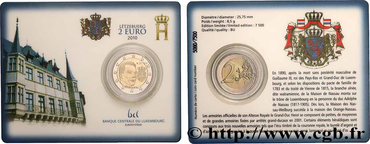 LUSSEMBURGO Coin-Card 2 Euro ARMOIRIES DU GRAND-DUC HENRI  2010 BU