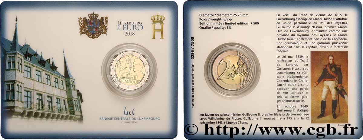 LUXEMBOURG Coin-card 2 Euro GUILLAUME Ier 2018 BU
