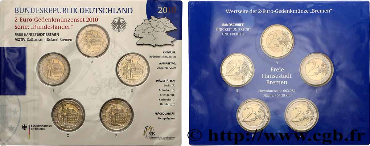 ALLEMAGNE Blister Brillant Universel 5 ateliers 2 Euro HÔTEL DE VILLE ET STATUE DE ROLAND 2010 BU