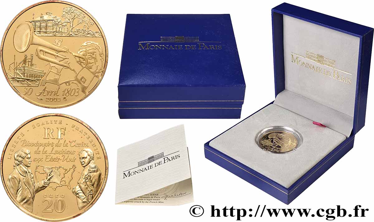 FRANCE Belle Épreuve 20 Euro VENTE DE LA LOUISIANE AUX USA 2003 BE