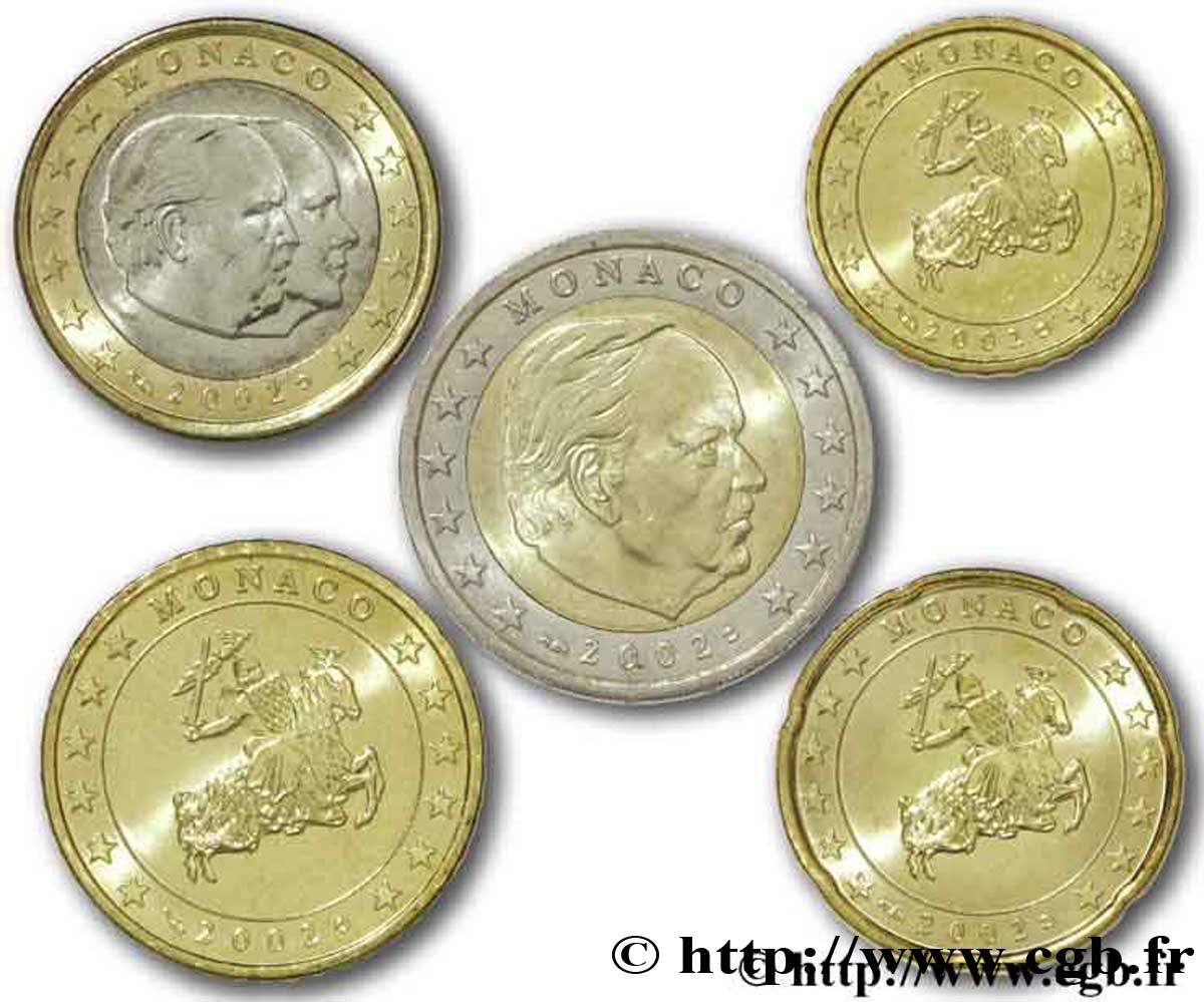 MONACO LOT DE 5 PIÈCES EURO (10 Cent à 2 Euro Prince Rainier III) 2002 SPL