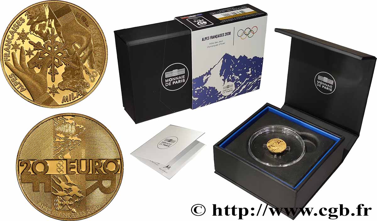 FRANCIA BELLE EPREUVE 1/10 oz - 20 Euro HANDOVER MILANO CORTINA 2026 / ALPES FRANÇAISES 2030 2026 Prueba