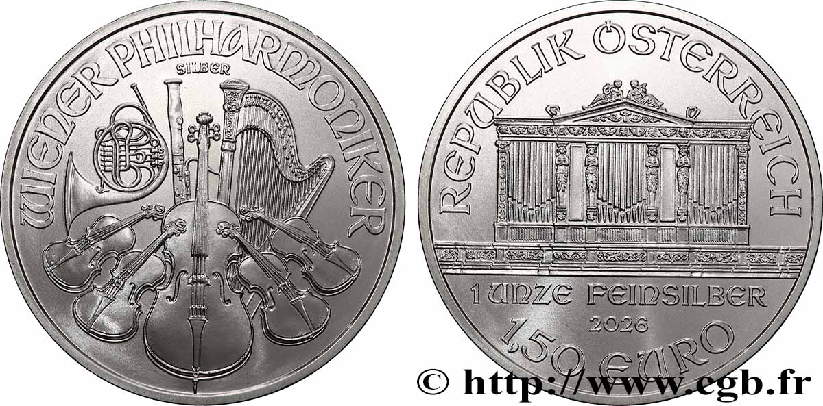 ARGENT D&nbsp;INVESTISSEMENT 1 Oz - 1,50 Euro PHILARMONIQUE DE VIENNE 2026 FDC