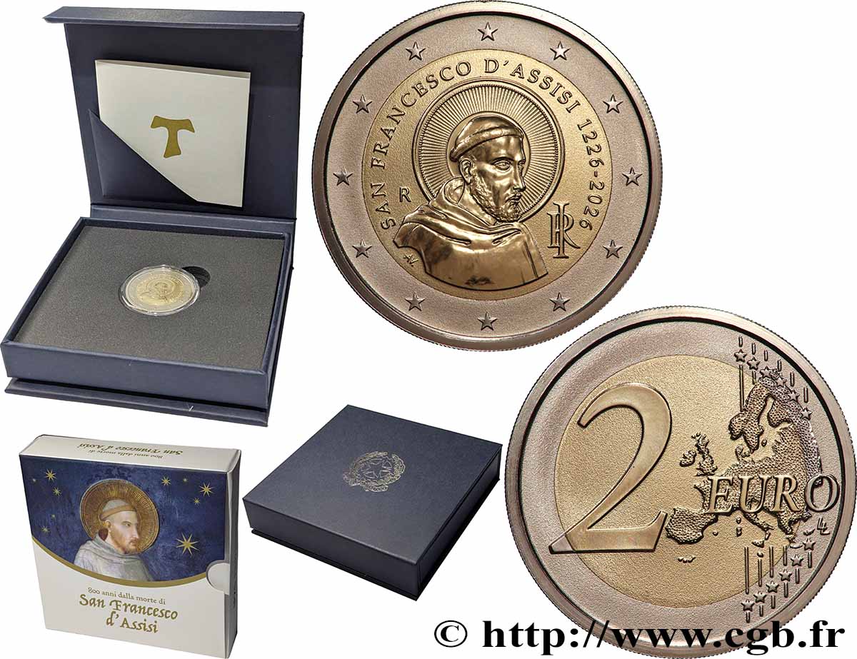 ITALIE POLISSAGE INVERSÉ 2 Euro SAINT FRANÇOIS D’ASSISE 2026 BE
