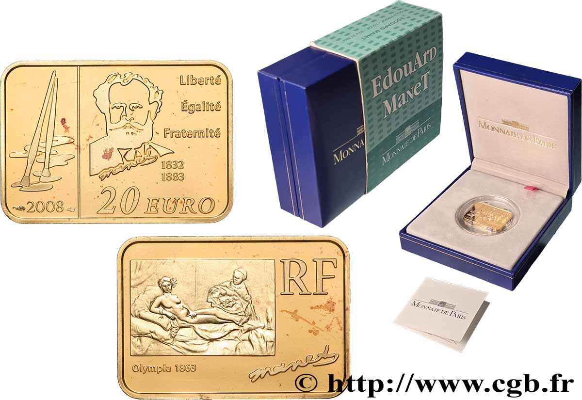 FRANCE Belle Épreuve 20 Euro ÉDOUARD MANET (rectangle 30 x 21 mm) 2008 BE