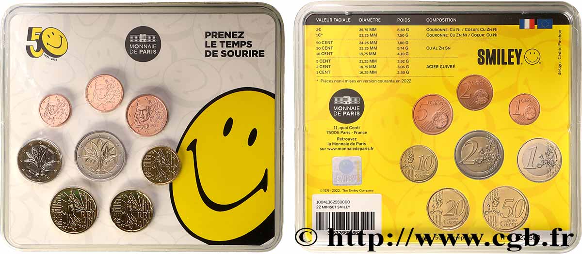 FRANCE SÉRIE Euro BRILLANT UNIVERSEL - Mini-Set - 50 ANS DE SMILEY 2022 BU