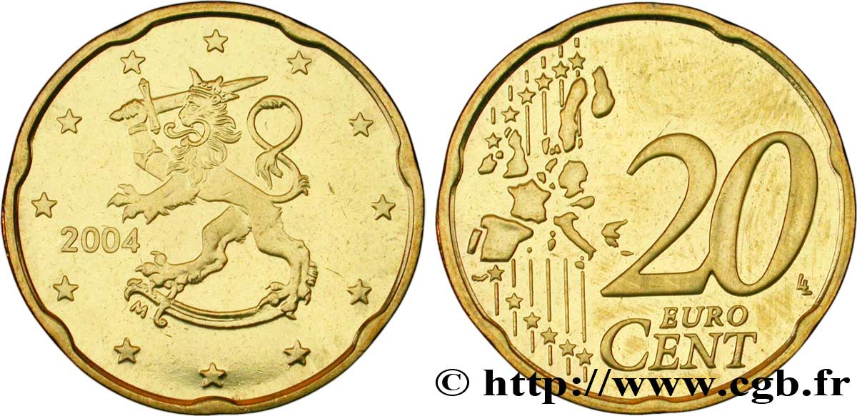 FINLANDIA 20 Cent LION HÉRALDIQUE 2004 MS63