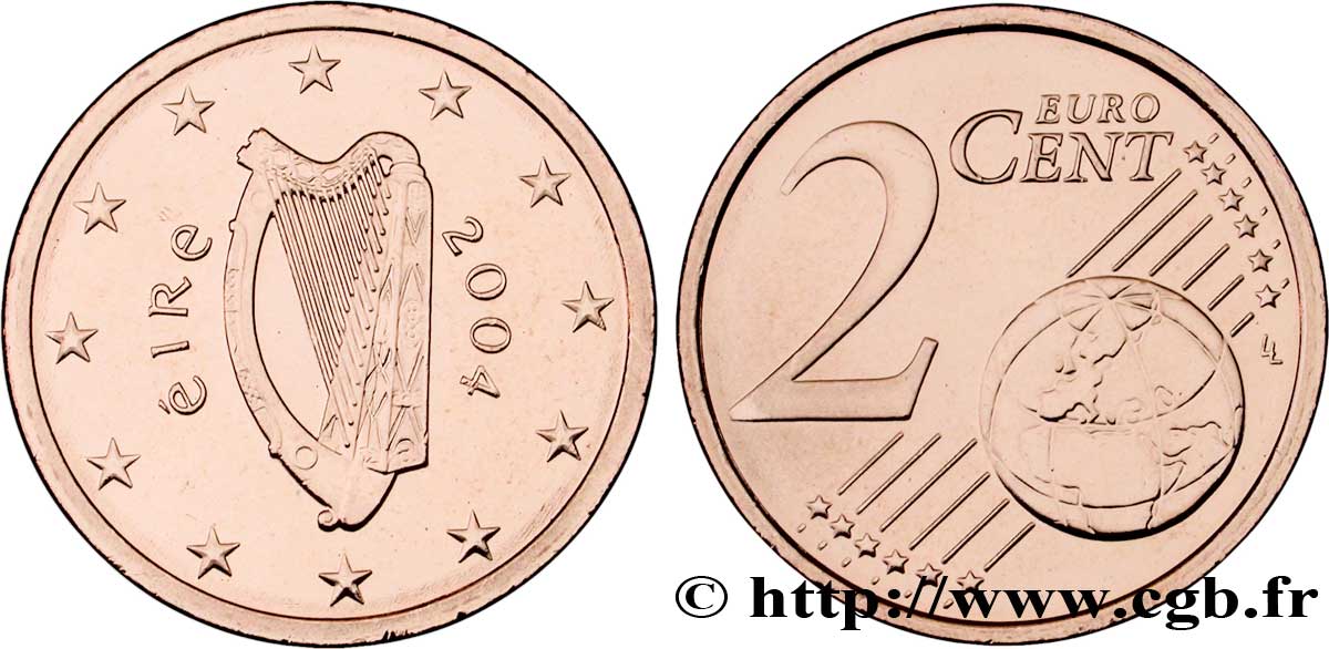 IRELAND REPUBLIC 2 Cent HARPE 2004 MS63