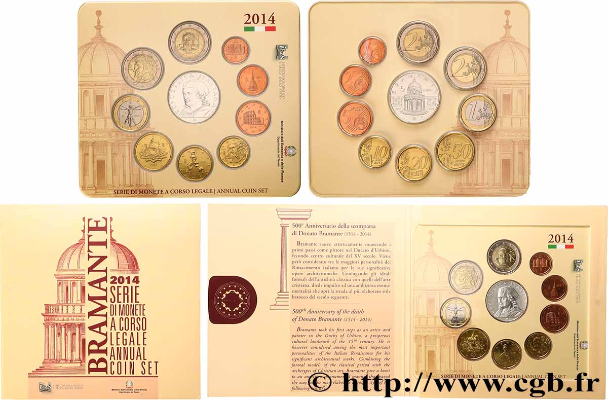 ITALY SÉRIE Euro BRILLANT UNIVERSEL (10 pièces) - BRAMANTE 2014 Brilliant Uncirculated
