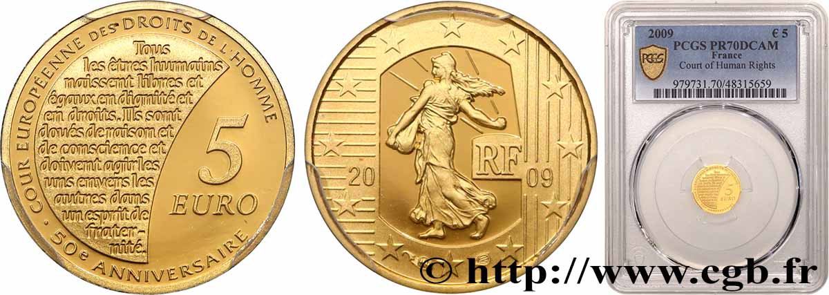 FRANCE Belle Épreuve 5 Euro LA SEMEUSE - CINQUANTIÈME ANNIVERSAIRE DE LA COUR EUROPÉENNE DES DROITS DE L’HOMME (or) 2009 