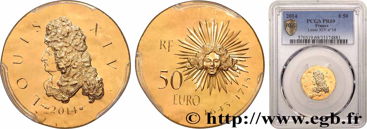 FRANCE Belle Épreuve 50 Euro or Louis XIV (1/4 once) 2014 MS69