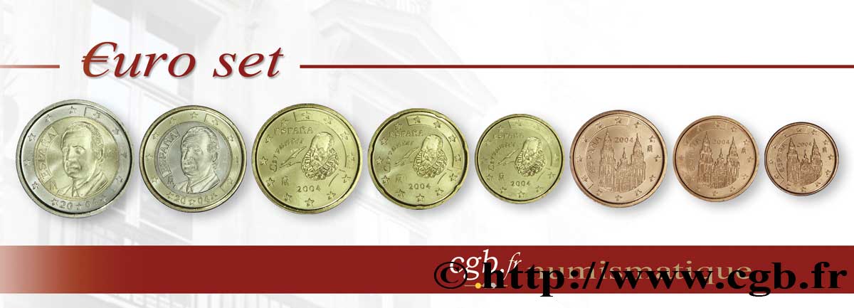 SPAIN LOT DE 8 PIÈCES EURO (1 Cent - 2 Euro Juan-Carlos I) 2004 MS