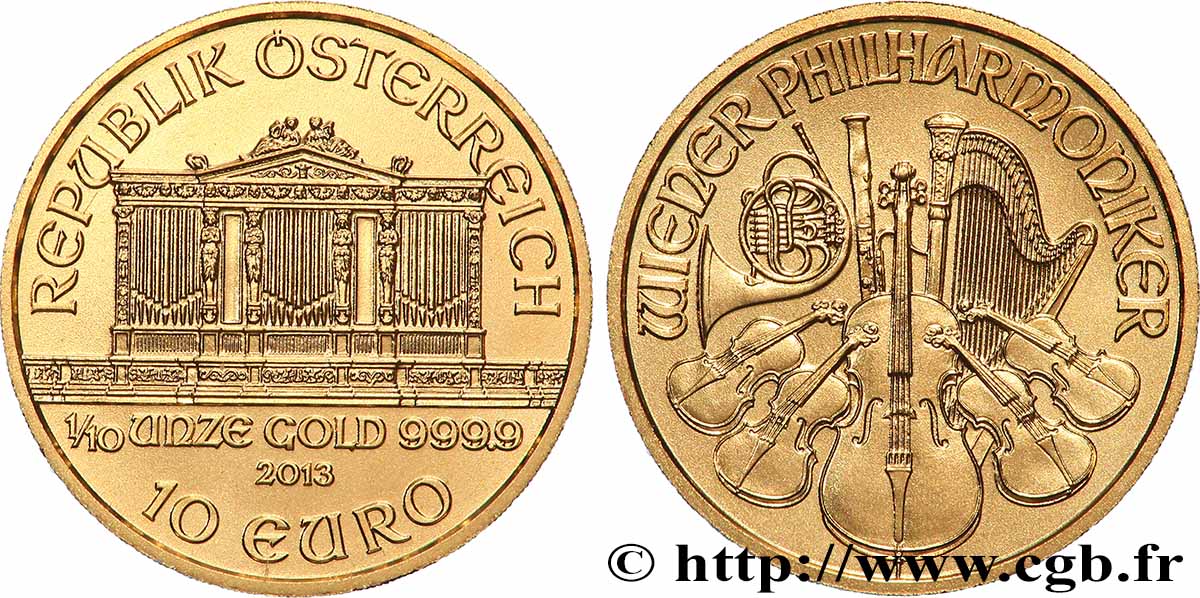 OR, PALLADIUM ET PLATINE INVESTISSEMENT 10 Euro LE PHILARMONIQUE DE VIENNE 2013 FDC