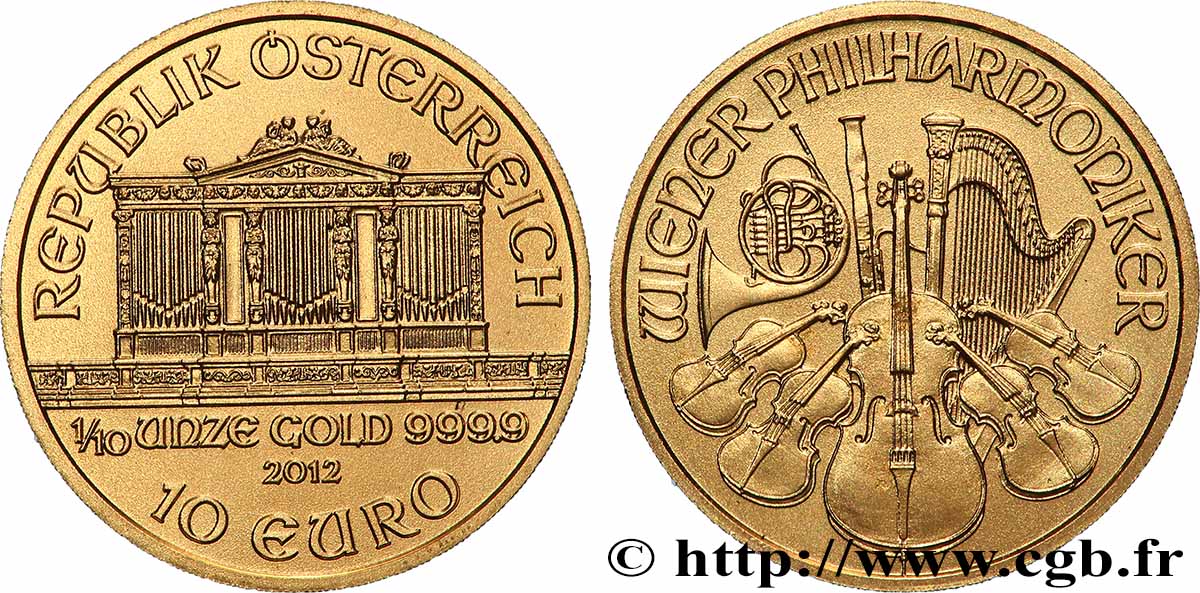 GOLD, PALLADIUM & PLATINUM INVESTMENT 10 Euro LE PHILARMONIQUE DE VIENNE 2012 MS