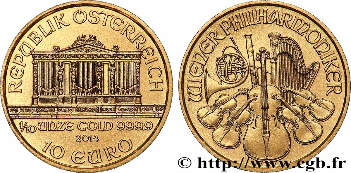 OR, PALLADIUM ET PLATINE INVESTISSEMENT 10 Euro LE PHILARMONIQUE DE VIENNE 2014 FDC