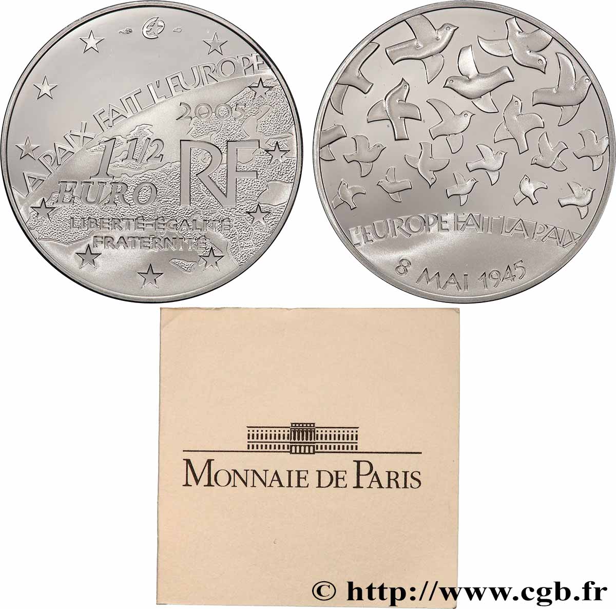 FRANCE Belle Épreuve 1 Euro 1/2 60e ANNIVERSAIRE DE LA FIN DE LA SECONDE GUERRE MONDIALE 2005 BE