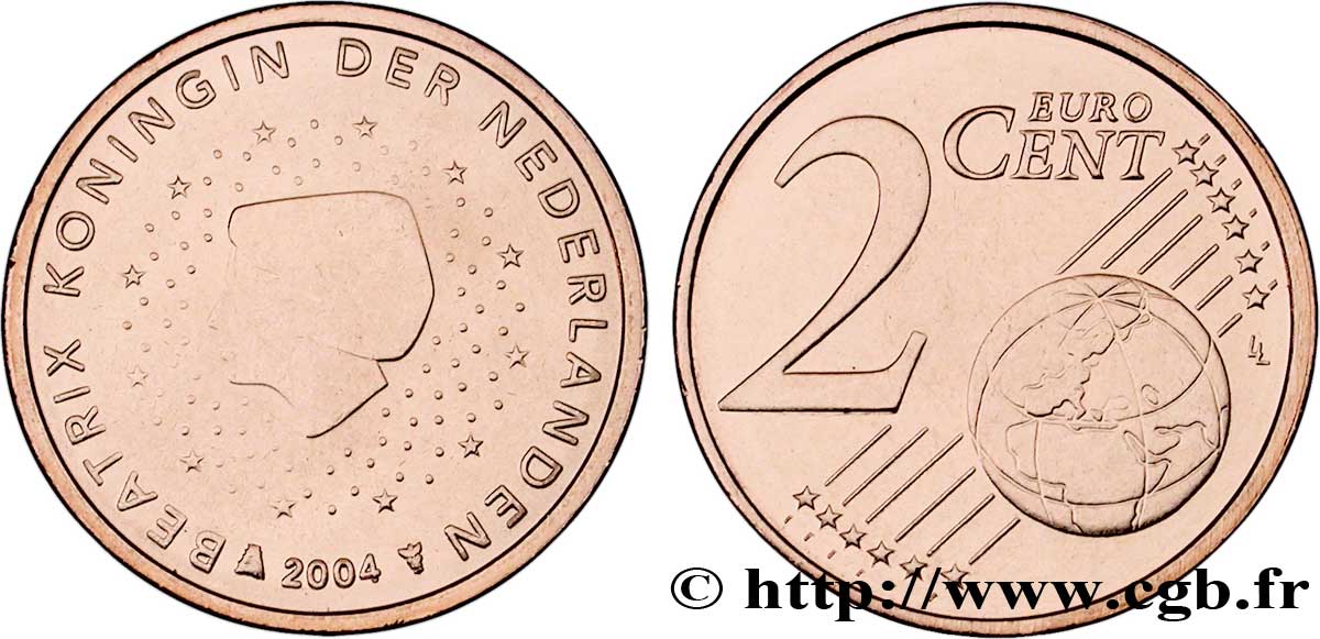 NETHERLANDS 2 Cent BEATRIX 2004 MS63