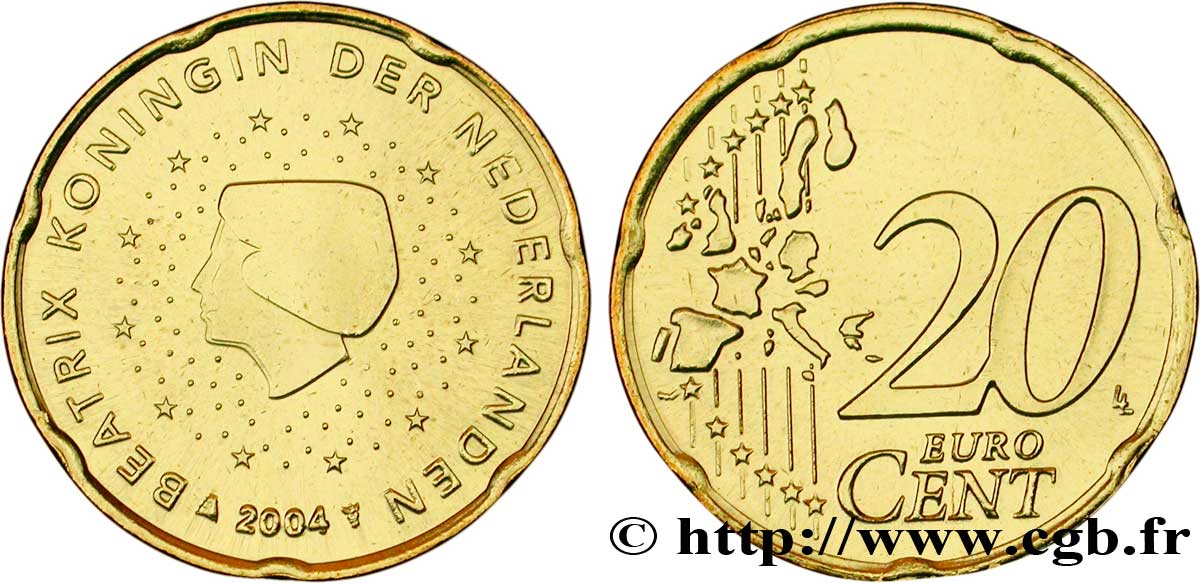NETHERLANDS 20 Cent BEATRIX 2004 MS63