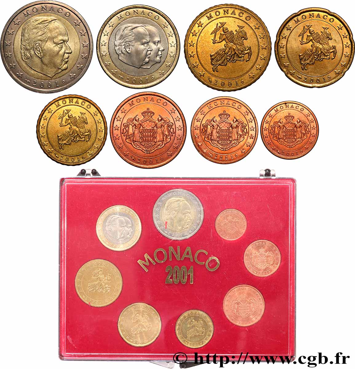 MONACO LOT DE 8 PIÈCES EURO (1 Cent - 2 Euro Prince Rainier III) 2001 MS