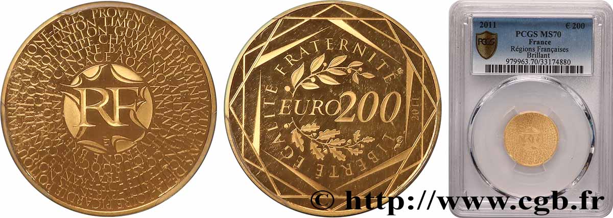 GOLD, PALLADIUM & PLATINUM INVESTMENT 200 Euro DES RÉGIONS (or) 2011 MS70