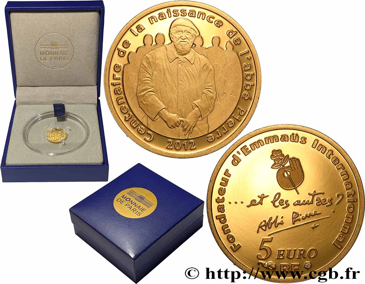 FRANCE Belle Épreuve 5 Euro or CENTENAIRE DE LA NAISSANCE DE L’ABBÉ PIERRE 2012 Proof set