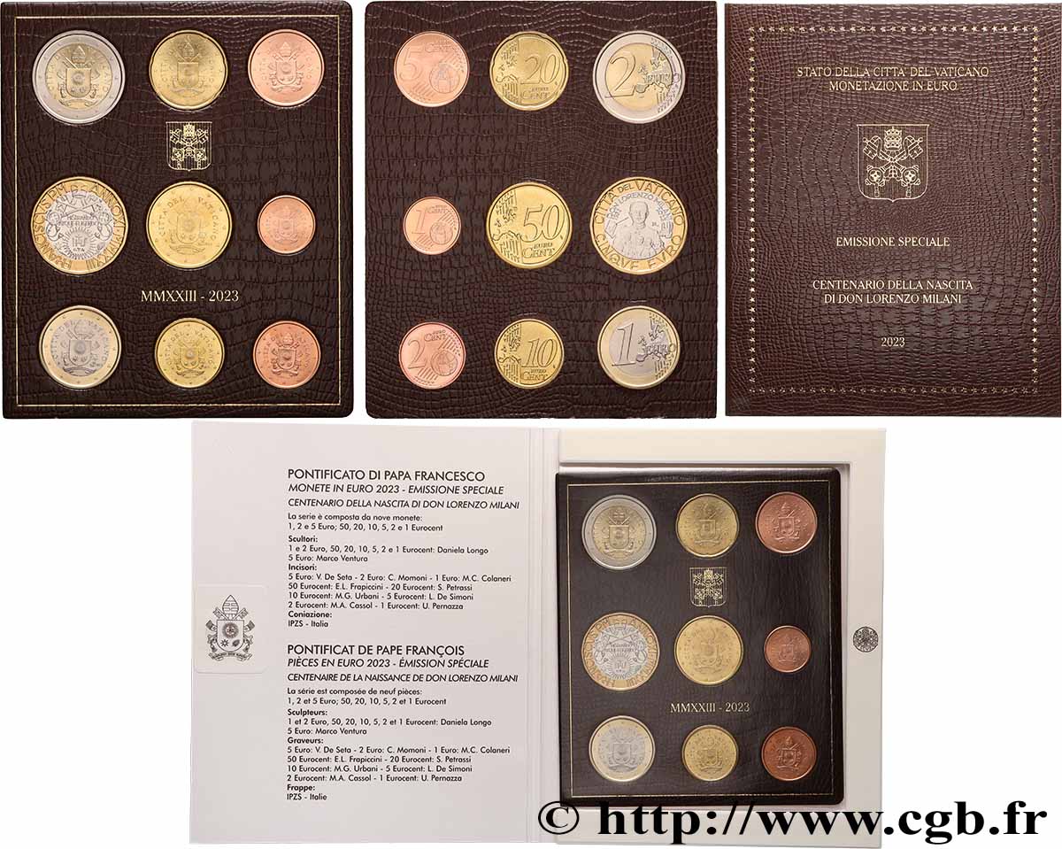 VATICAN SÉRIE Euro BRILLANT UNIVERSEL - Émission spéciale 100e anniversaire de la naissance de Don Lorenzo Milani - Armoiries du Pape François 2023 Brilliant Uncirculated