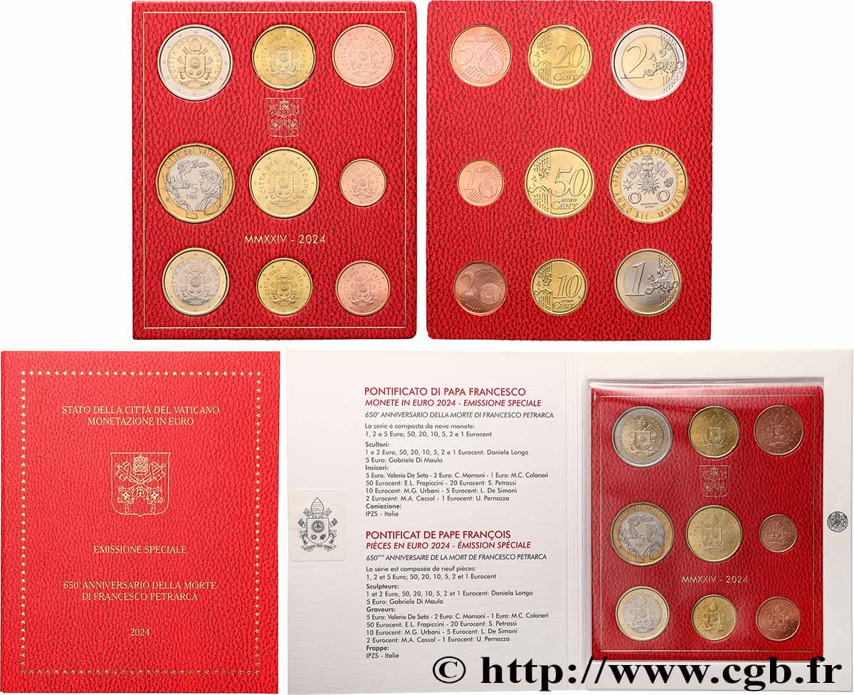 VATICAN SÉRIE Euro BRILLANT UNIVERSEL - Émission spéciale 650 ans de la mort de Francesco Petrarca - Armoiries du Pape François 2024 Brilliant Uncirculated