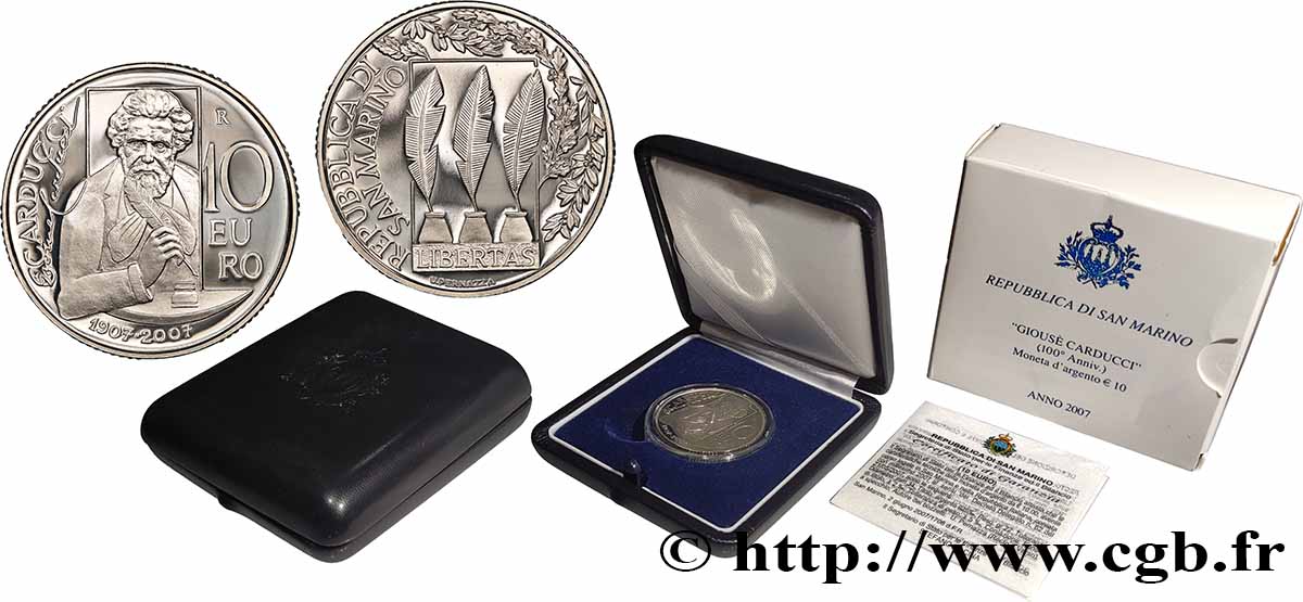 SAN MARINO Belle Épreuve 10 Euro 100e ANNIVERSAIRE DE LA MORT DE GIOUSÉ CARDUCCI internet 2007 Proof set