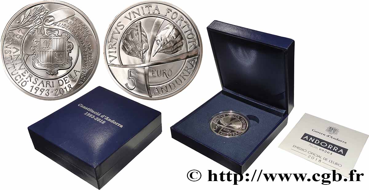 ANDORRA (PRINCIPALITY) BELLE EPREUVE 5 Euro CONSTITUTION D’ANDORRE 2018 Proof set