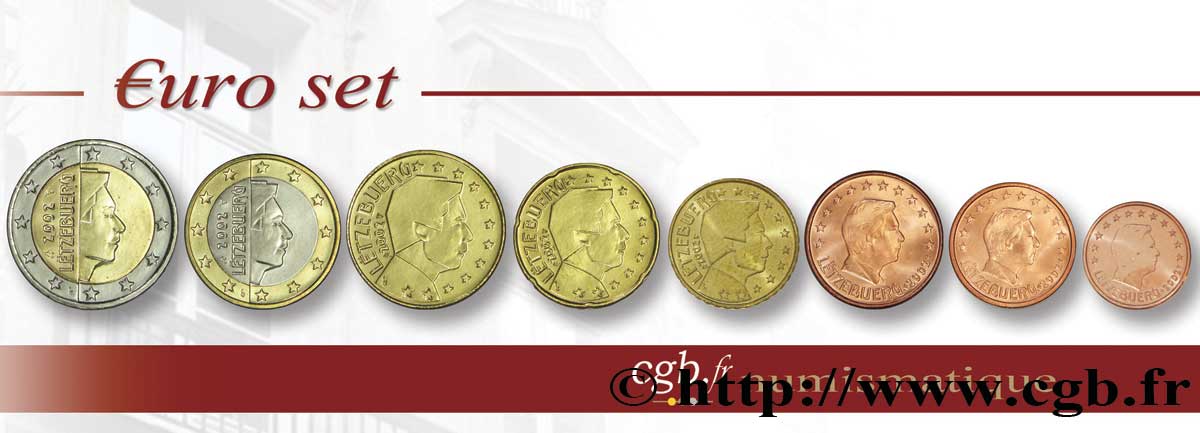 LUSSEMBURGO LOT DE 8 PIÈCES EURO (1 Cent - 2 Euro Grand-Duc Henri) 2002 MS