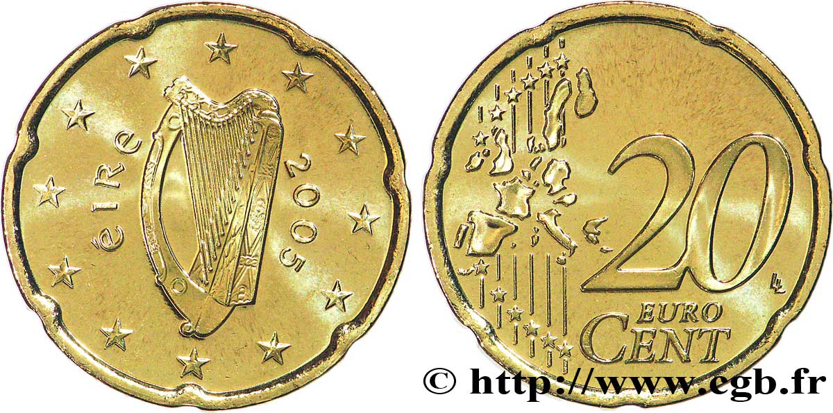 IRELAND REPUBLIC 20 Cent HARPE 2005 MS63