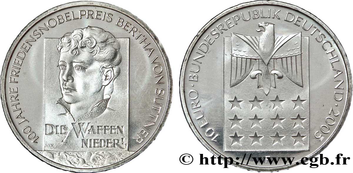 GERMANY 10 Euro CENTENAIRE DU PRIX NOBEL DE LA PAIX - BERTHA VON SUTTNER tranche B 2005 MS63