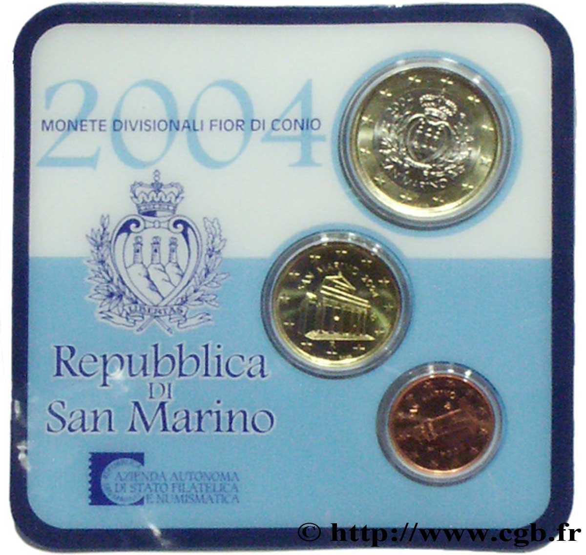 SAN MARINO MINI-SÉRIE Euro BRILLANT UNIVERSEL 1 Cent, 10 Cent et 1 Euro  2004 Brilliant Uncirculated