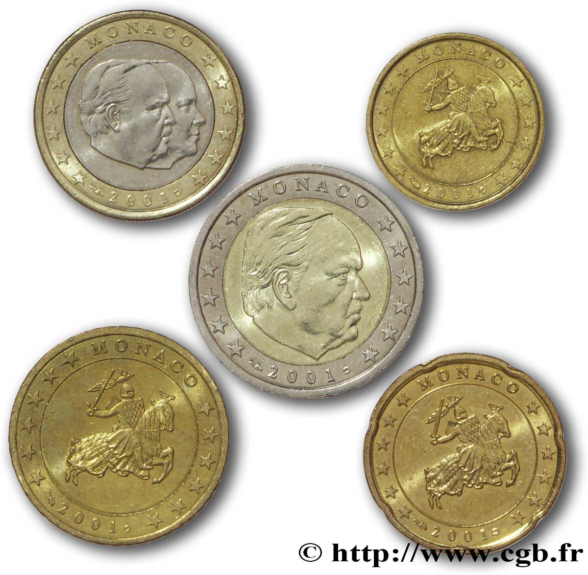 MONACO LOT DE 5 PIÈCES EURO (10 Cent à 2 Euro Prince Rainier III) 2001