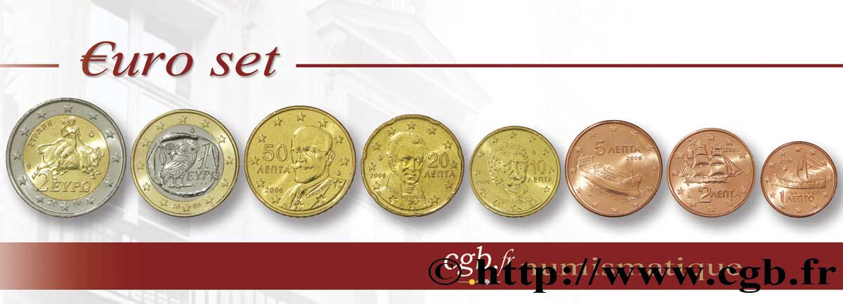GRECIA LOT DE 8 PIÈCES EURO (1 Cent - 2 Euro Europe) 2006 SC