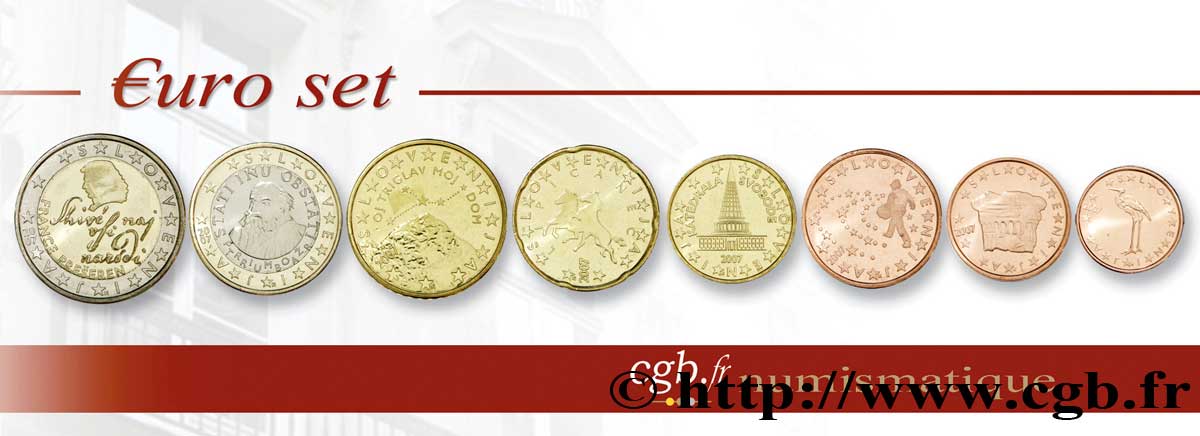 SLOWENIEN LOT DE 8 PIÈCES EURO (1 Cent - 2 Euro France Prešeren) 2007